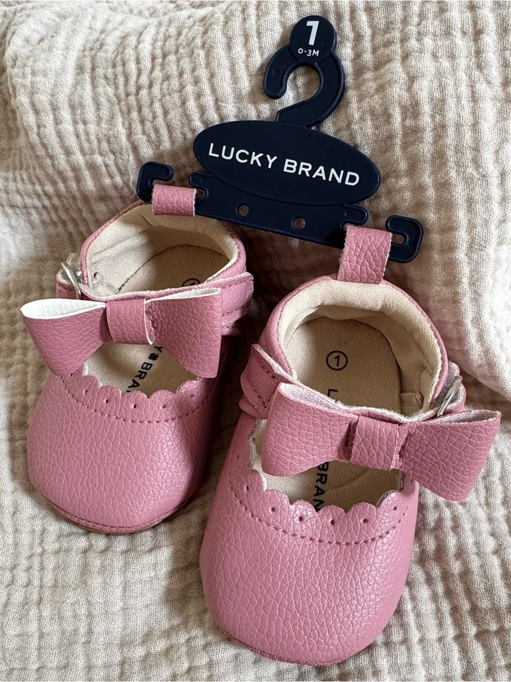 Lucky Brand Mabel Pink Bow Mary Jane Crib Shoes Baby Girl 0-3m Size 1 Soft Sole